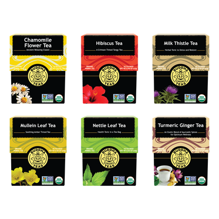 Collection of various tea boxes from Buddha Teas on a white background
