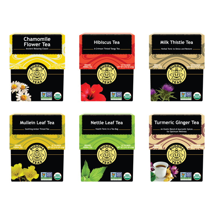 Collection of various tea boxes from Buddha Teas on a white background
