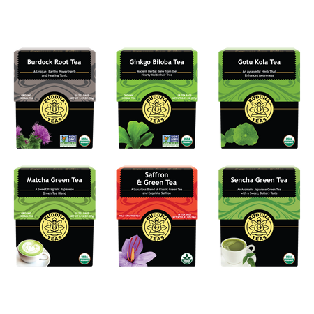 Various tea packages from Buddha Teas on a white background