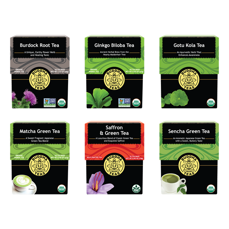 Various tea packages from Buddha Teas on a white background