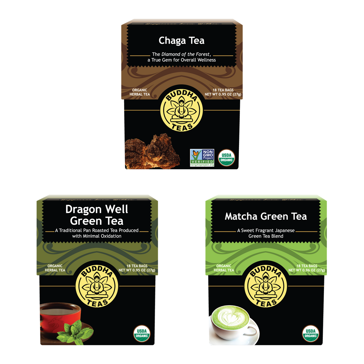 Three boxes of Buddha Teas tea packages on a white background