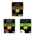 Three boxes of Buddha Teas tea packages on a white background