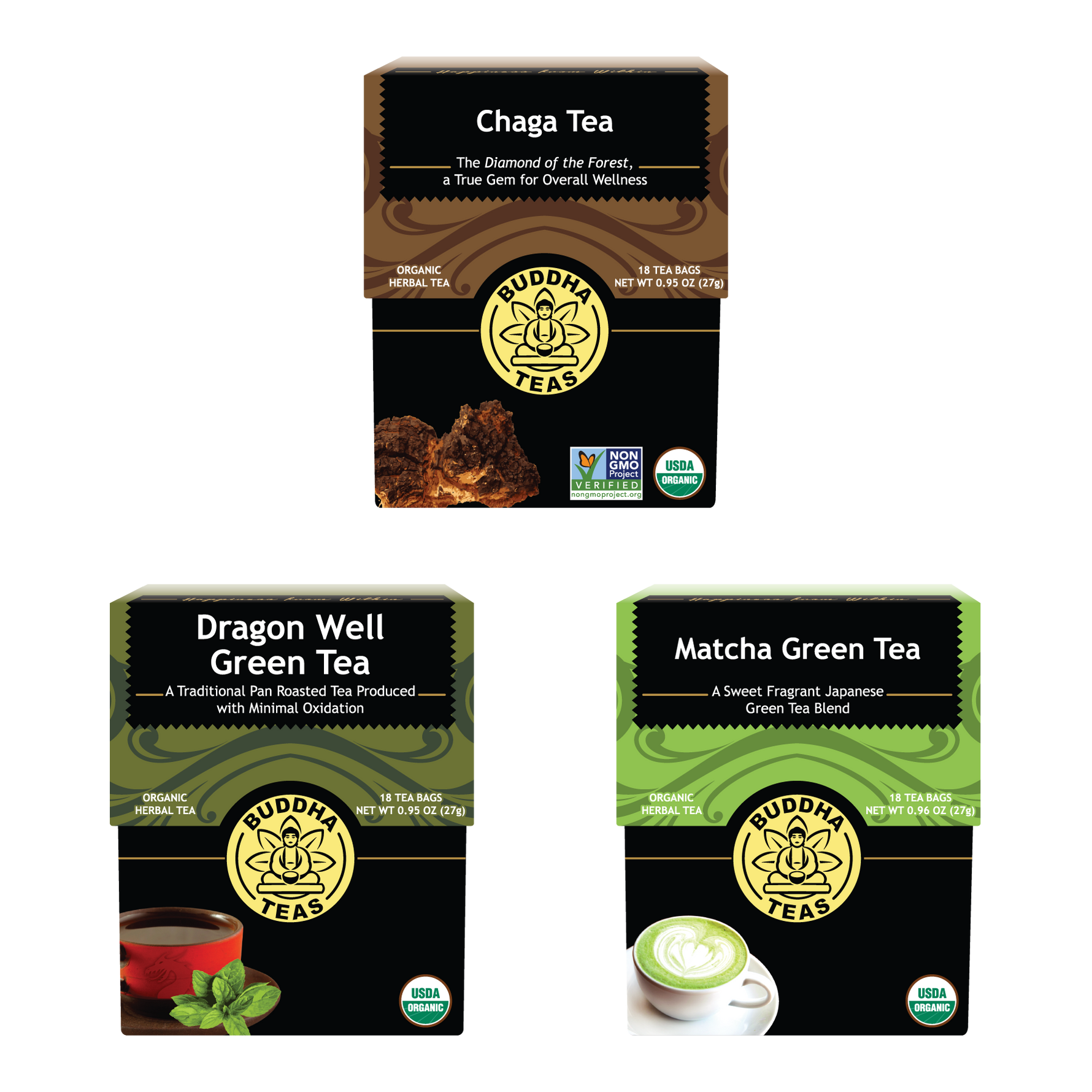 Three boxes of Buddha Teas tea packages on a white background