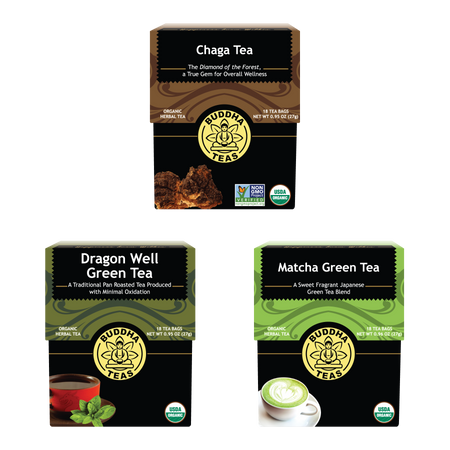 Three boxes of Buddha Teas tea packages on a white background