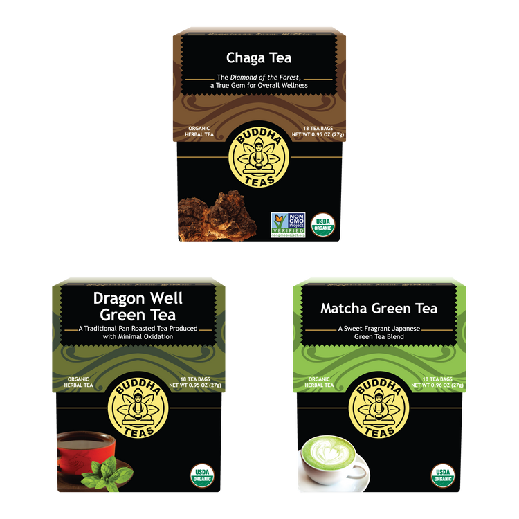 Three boxes of Buddha Teas tea packages on a white background