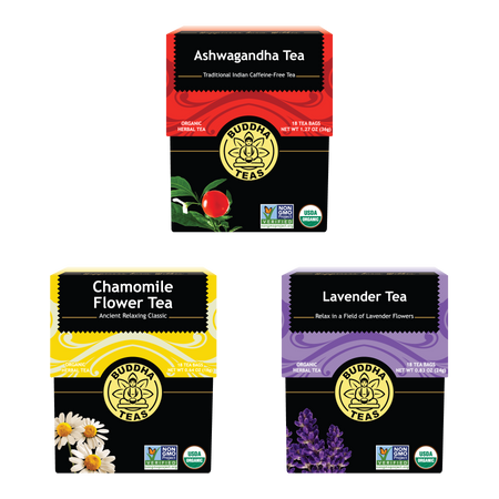 Three boxes of Buddha Teas tea packages on a white background