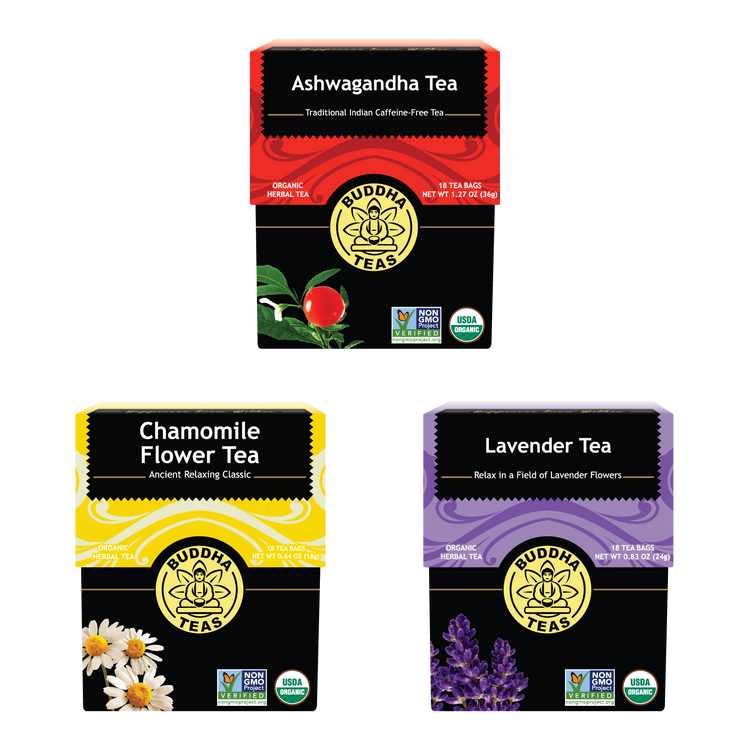 Three boxes of Buddha Teas tea packages on a white background