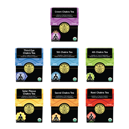 Set of seven boxes of Chakra tea with colorful labels on a white background