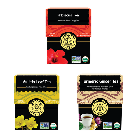 Three boxes of Buddha Teas tea packages on a white background