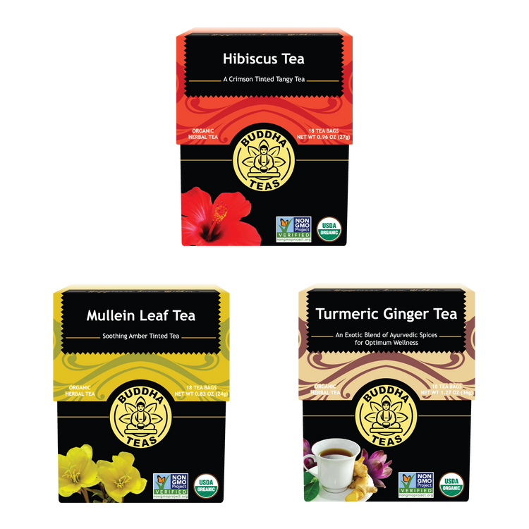 Three boxes of Buddha Teas tea packages on a white background
