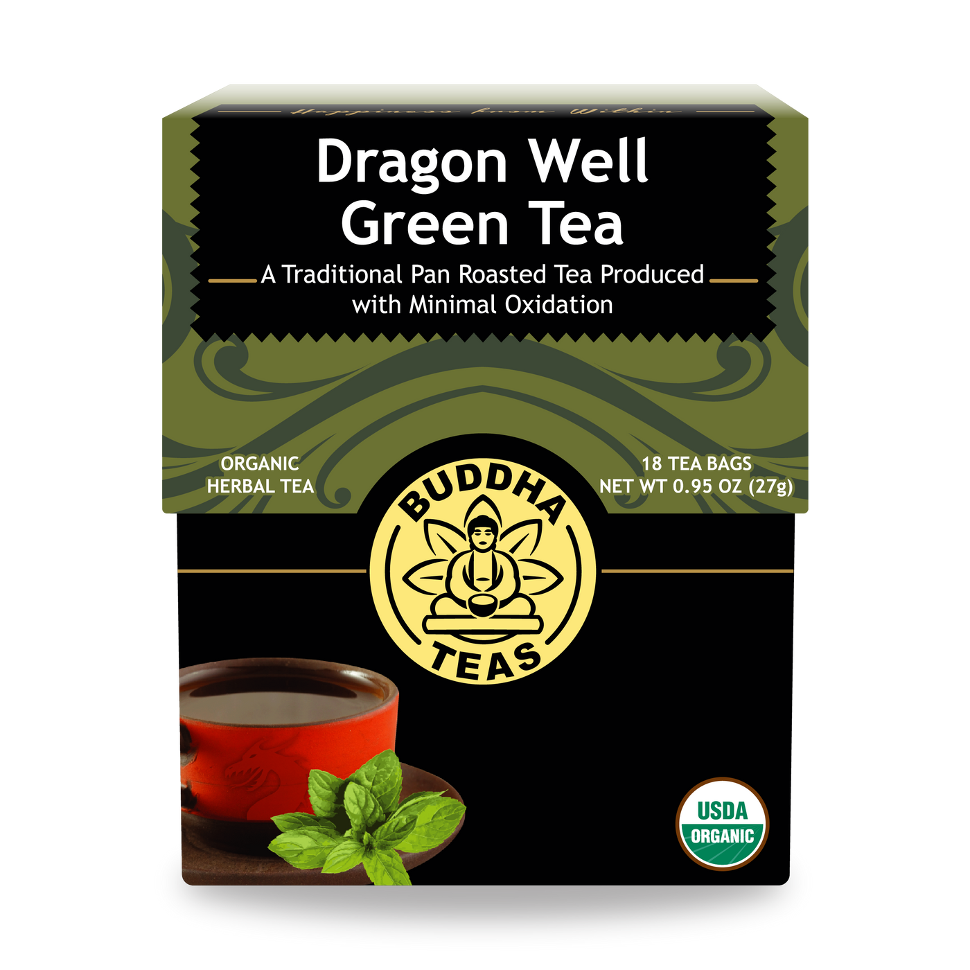 Buddha Teas Dragon Well Green Tea - front view