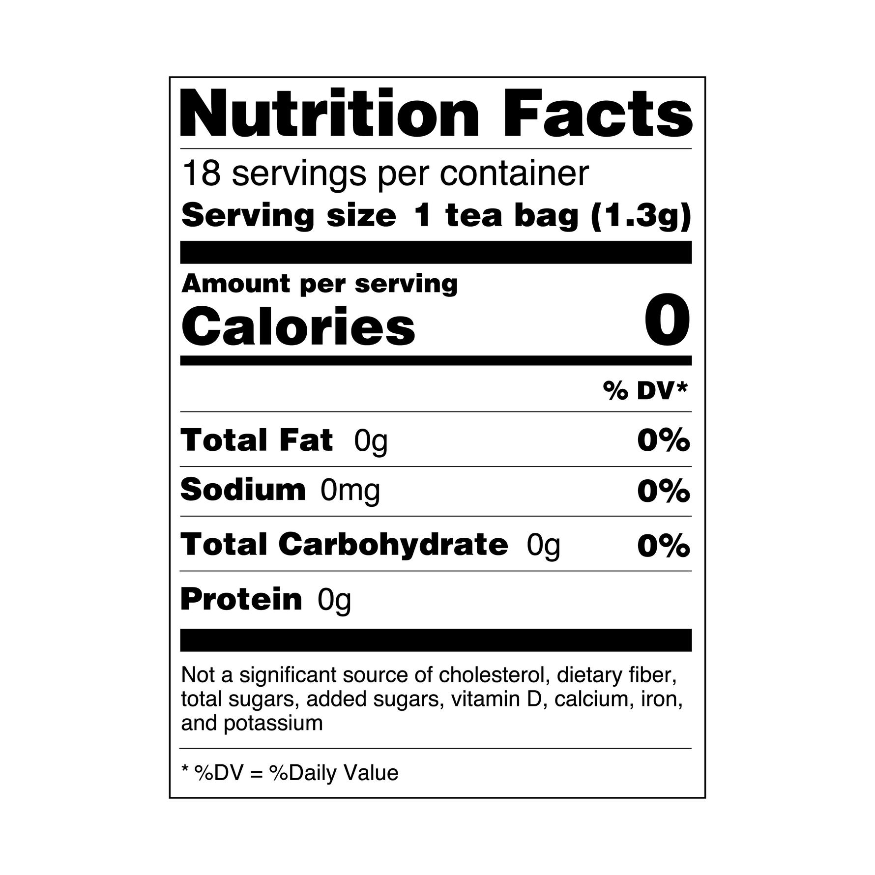 Nutrition facts label for a tea product with serving size and calorie information.