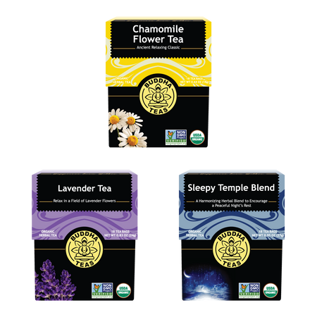 Three boxes of Buddha Teas tea blends on a white background