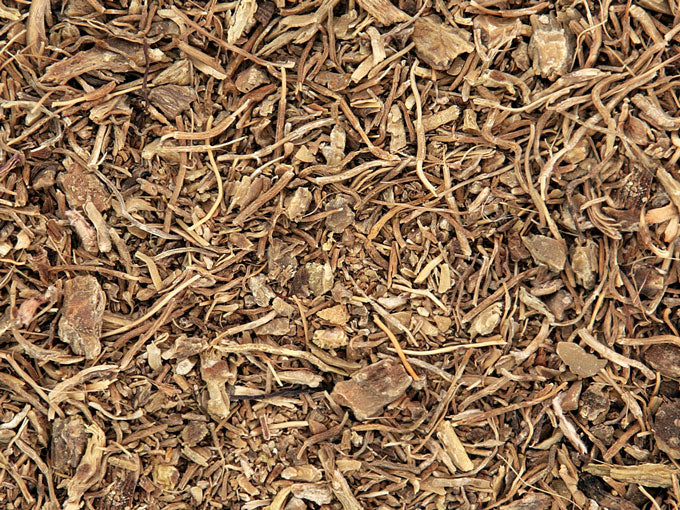 Close-up of dried black cohosh roots with a brown color.