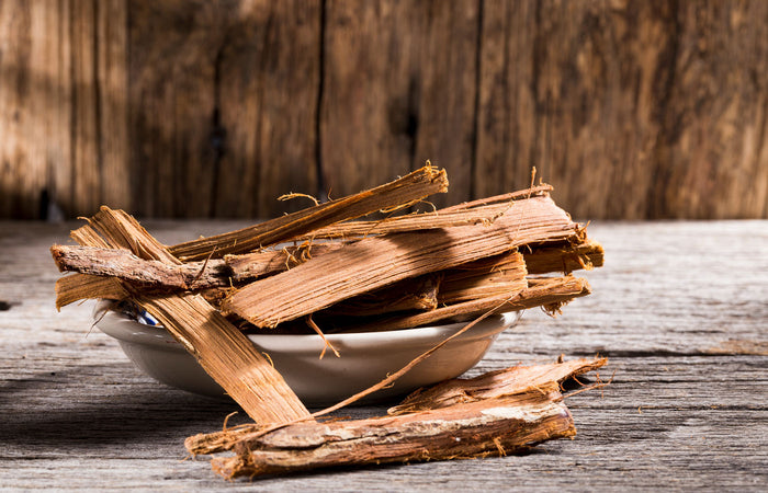 Cat's claw bark in a white bowl on a wooden surface