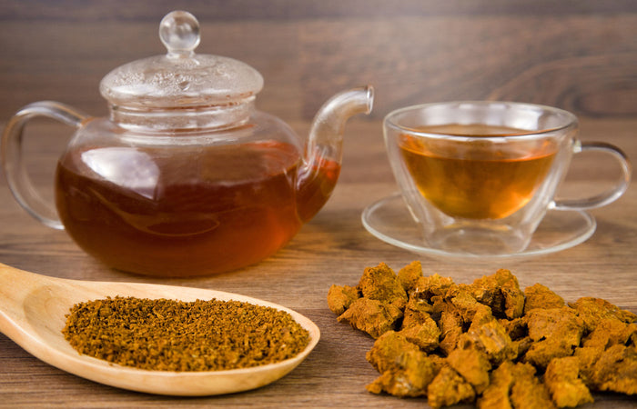 Tea set with a teapot, cup, and dried chaga mushroom on a wooden surface.