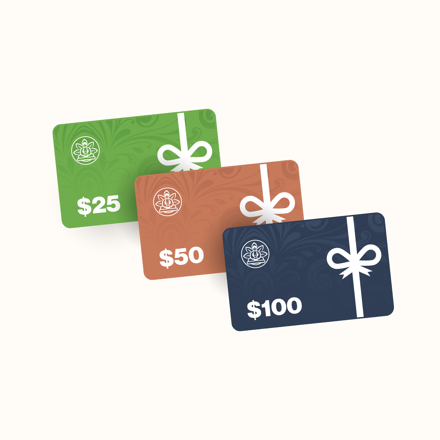 Three gift cards in green, brown, and blue with bow designs on a white background.