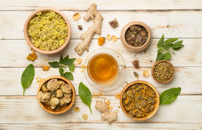 Herbal tea with bowls of dried herbs on a wooden surface