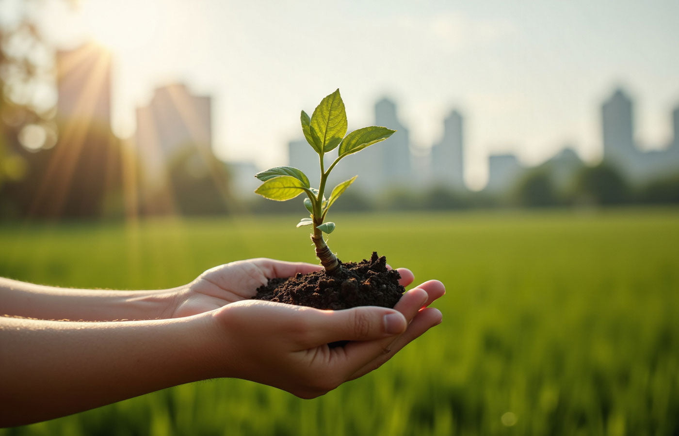 Person holding a small plant with roots in soil against a cityscape background