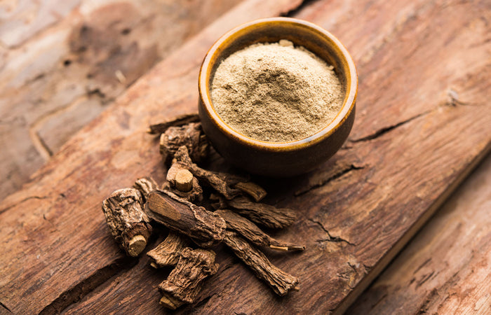 sarsaparilla root and ground sarsaparilla root in a small bowl on a wooden surface