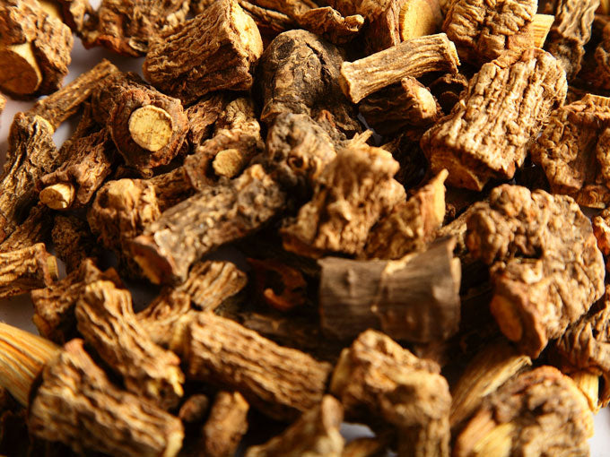 Close-up of dried sarsaparilla root pieces 