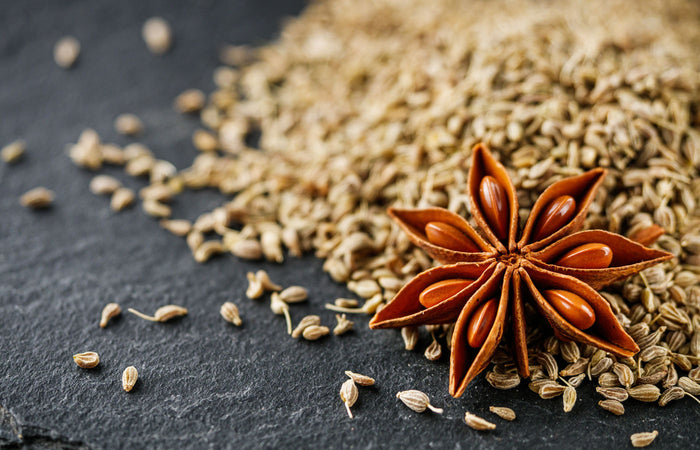 Star anise and fennel seeds on a dark surface