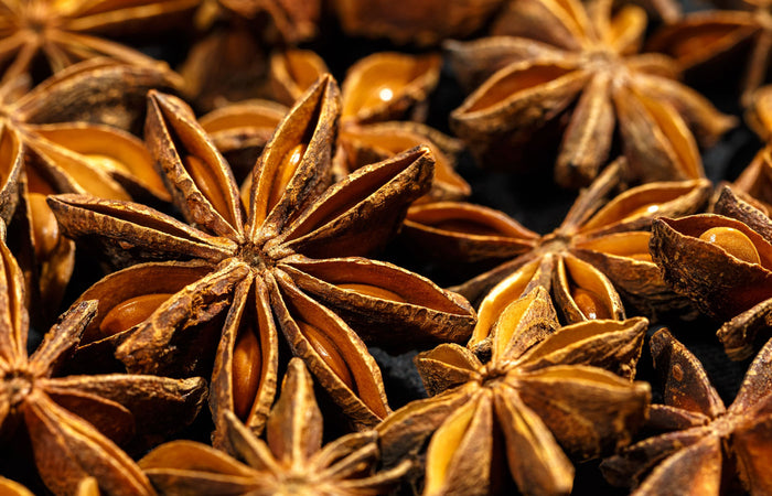Close-up of star anise seeds with a dark background