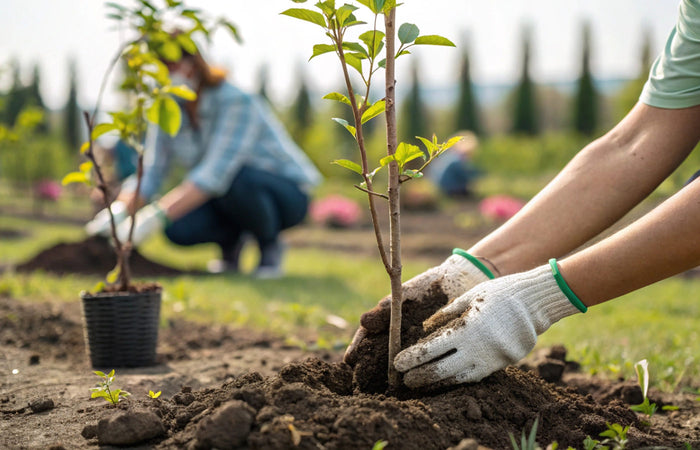 Person planting a tree with another person in the background, all in a garden setting.